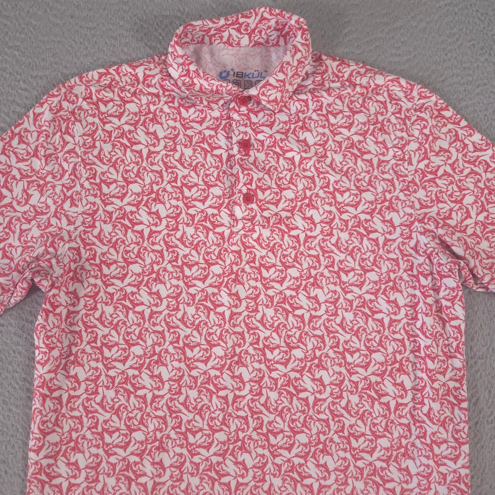 IBKÜL Polo Shirt Mens M Red Marlin Fish Print IceFil UPF 50 Performance Top